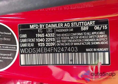 2015 Mercedes-Benz Cla 250 из США, поврежденный, VIN WDDSJ4EB4FN247403